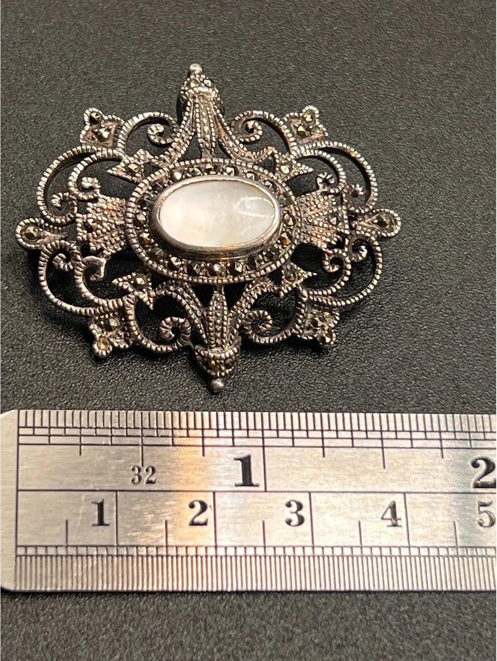 925 Sterling Silver Marcasite Mother of Pearl Filigree Brooch Vintage